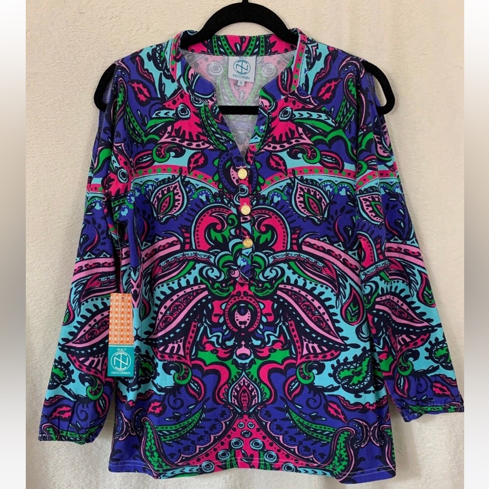 NWT Tracy Negoshian XS Cold Shoulder Aniston Top Sunset Shore $96